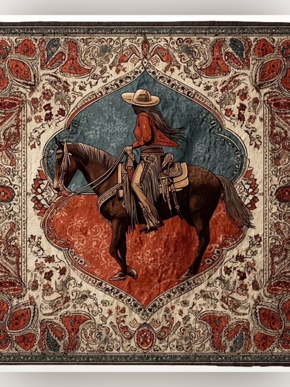 Cowgirl & Her Horse Scarf - Beautiful Rust and Teal Colors 35”